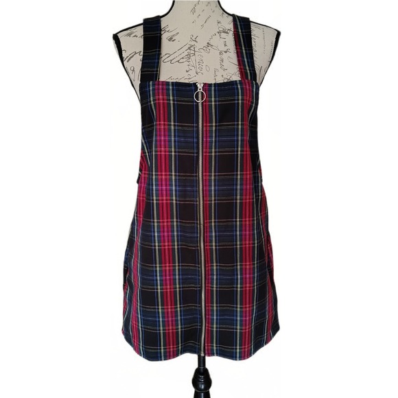 Forever 21 Dresses & Skirts - Forever 21 Plaid Pinafore Jumper Mini Dress Large Front Zip‎ 90s Grunge Y2K